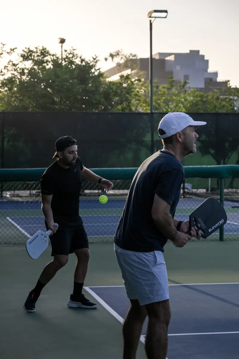 Backlit court scene with black and white APEX paddles