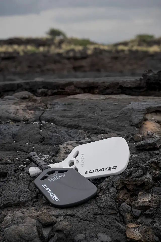 Black and white APEX paddles on rocks — portrait